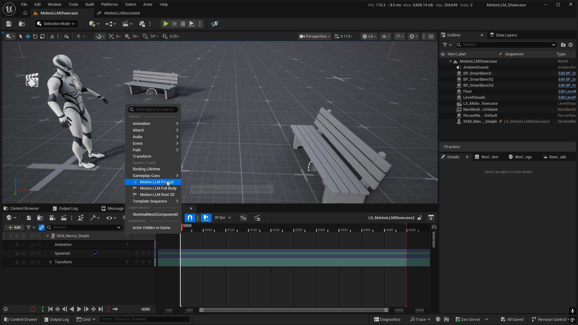 Sequencer add-track menu with Motion LLM Prompt highlighted on the character binding