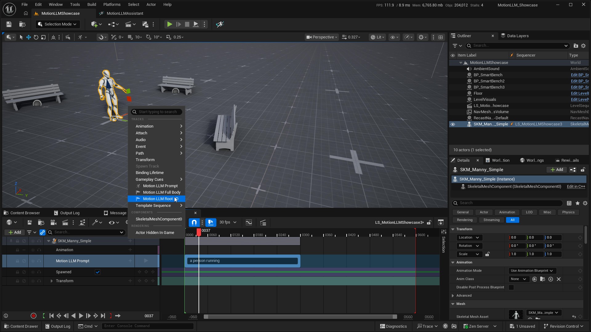 Sequencer add-track menu with Motion LLM Root 2D highlighted