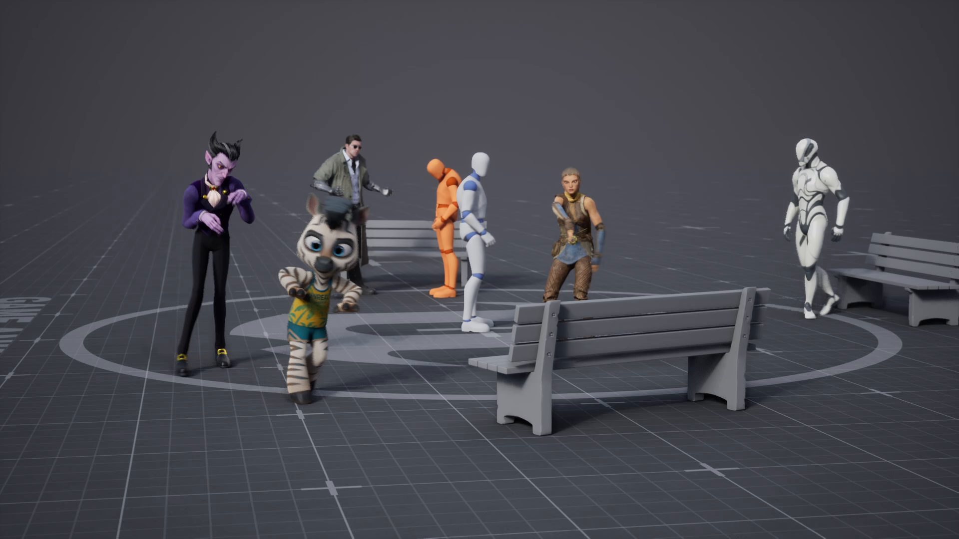 Stylized characters, realistic characters and mannequins performing in the MotionLLM showcase scene