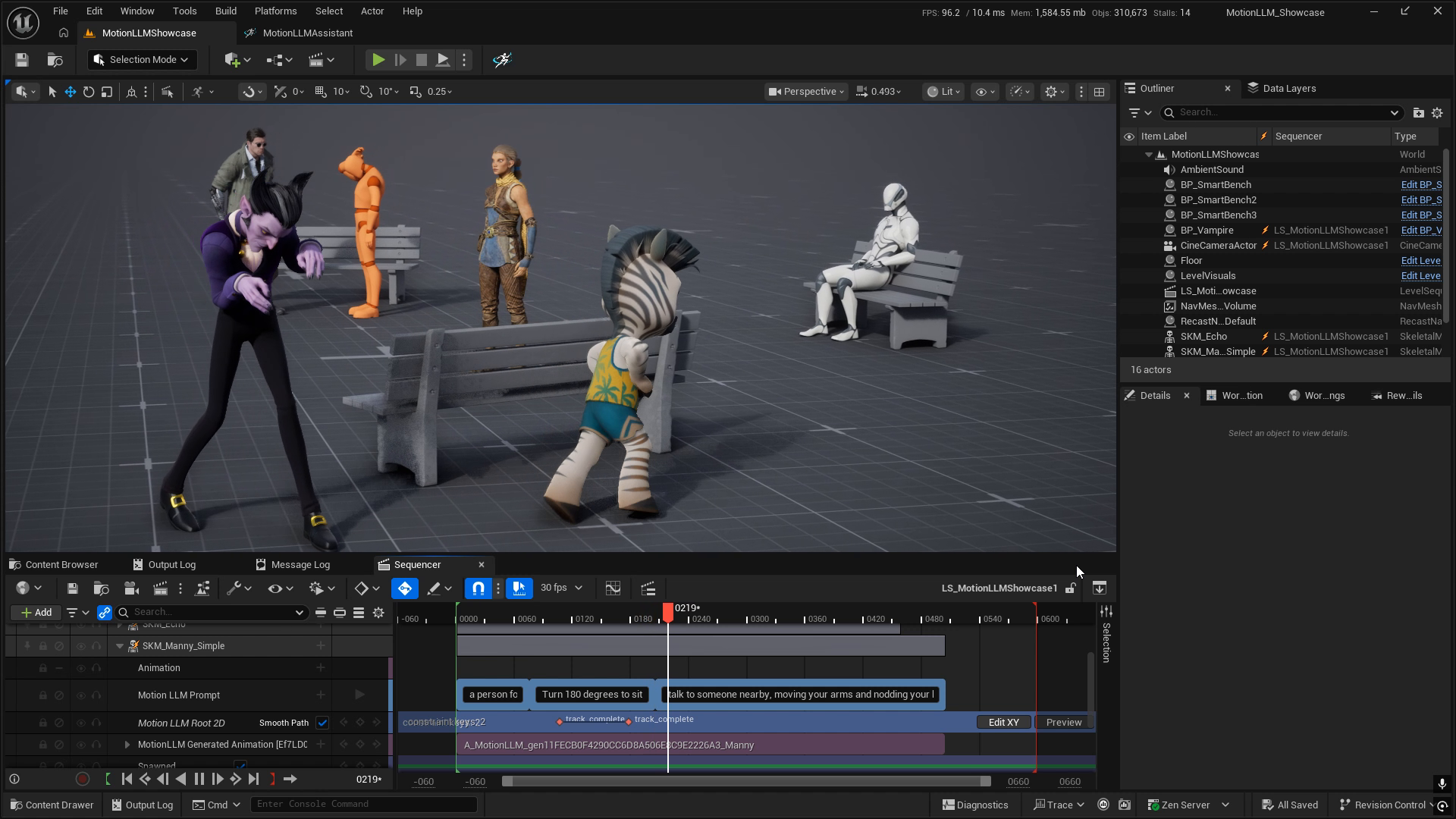 Several characters in the Unreal viewport with Prompt, Root 2D and generated animation tracks in Sequencer