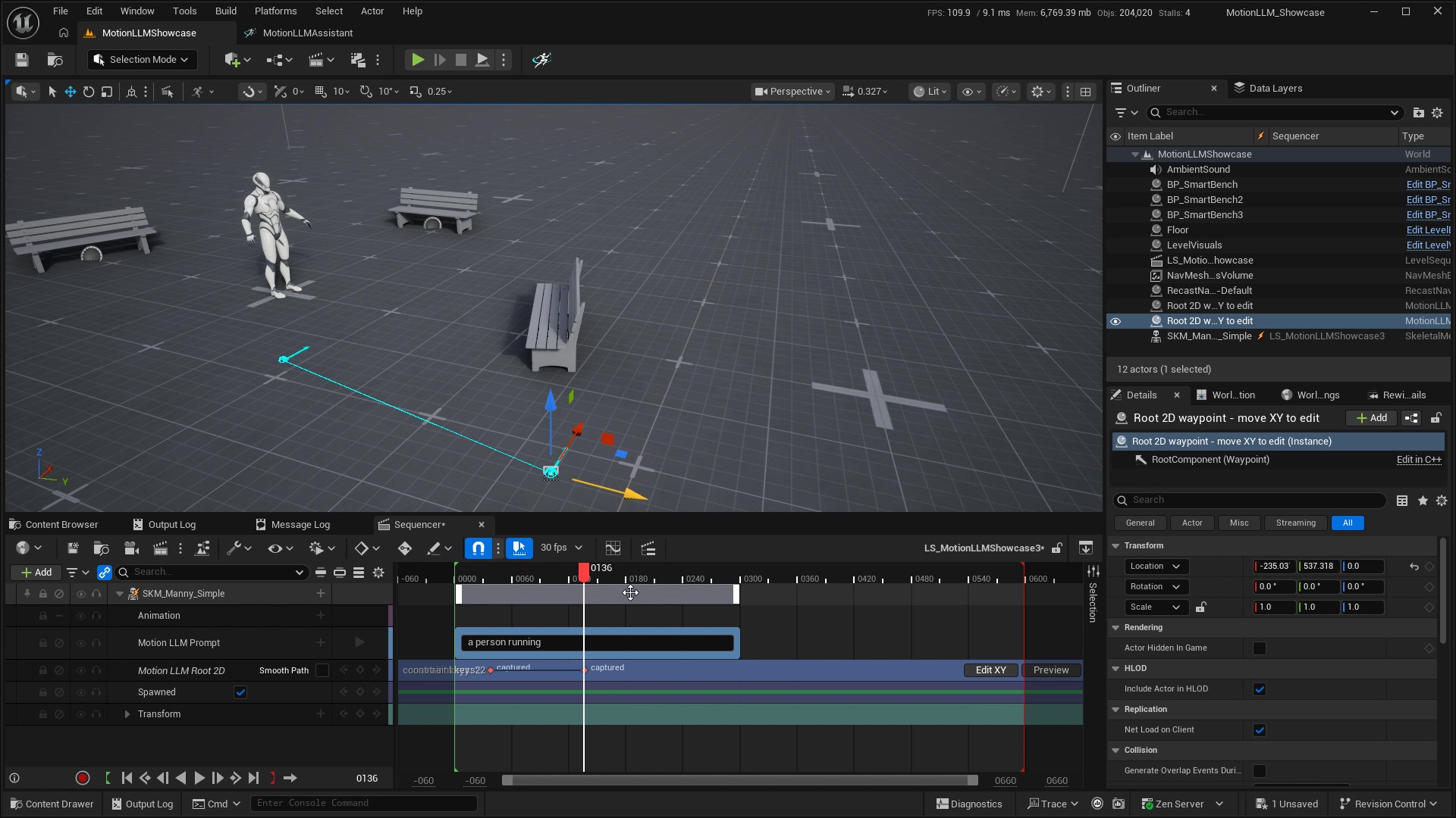 Selected Root 2D waypoint with a translation gizmo in the viewport and captured keys in Sequencer