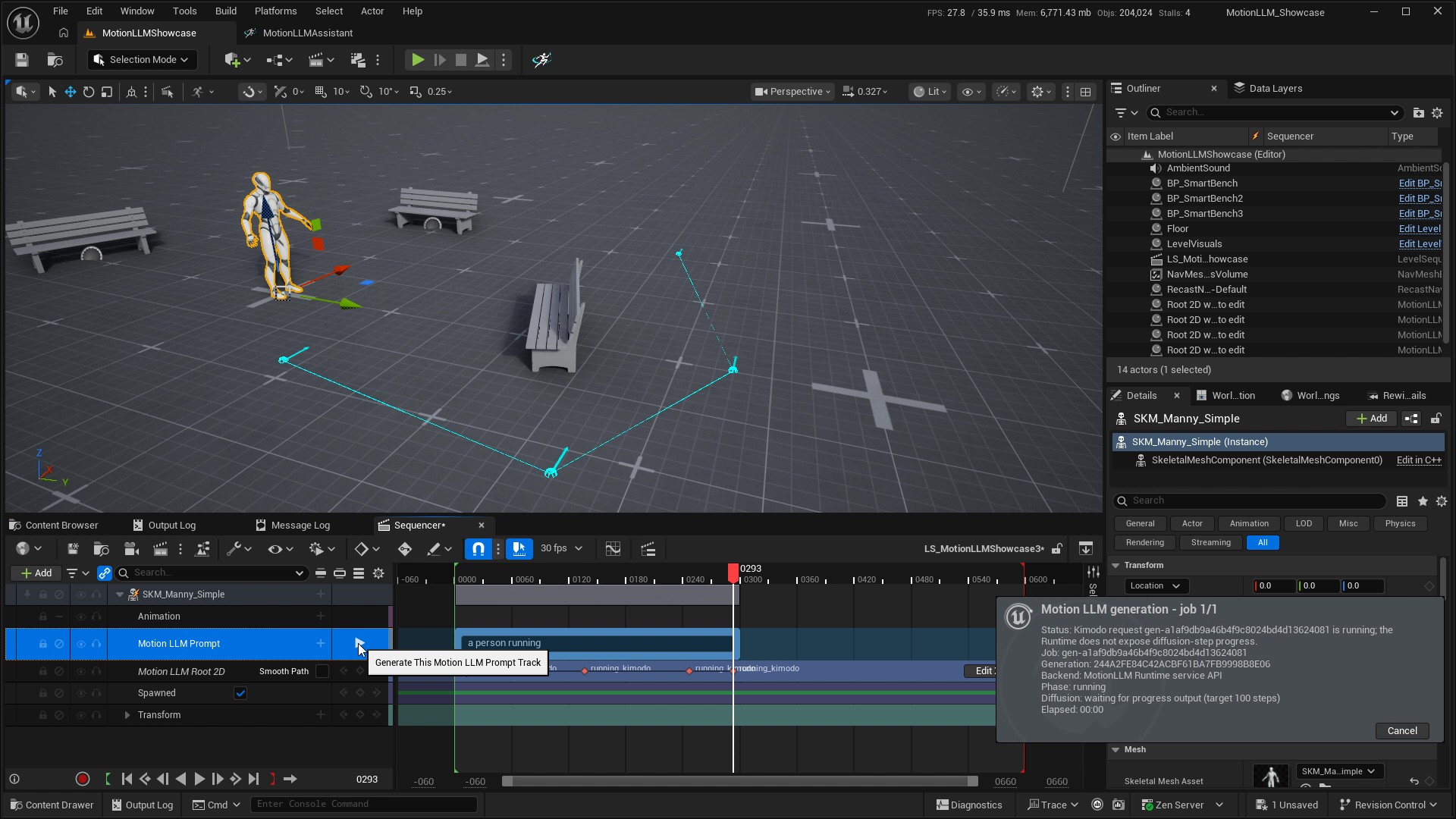 Generate This Motion LLM Prompt Track button beside the prompt row, with a generation progress notification open