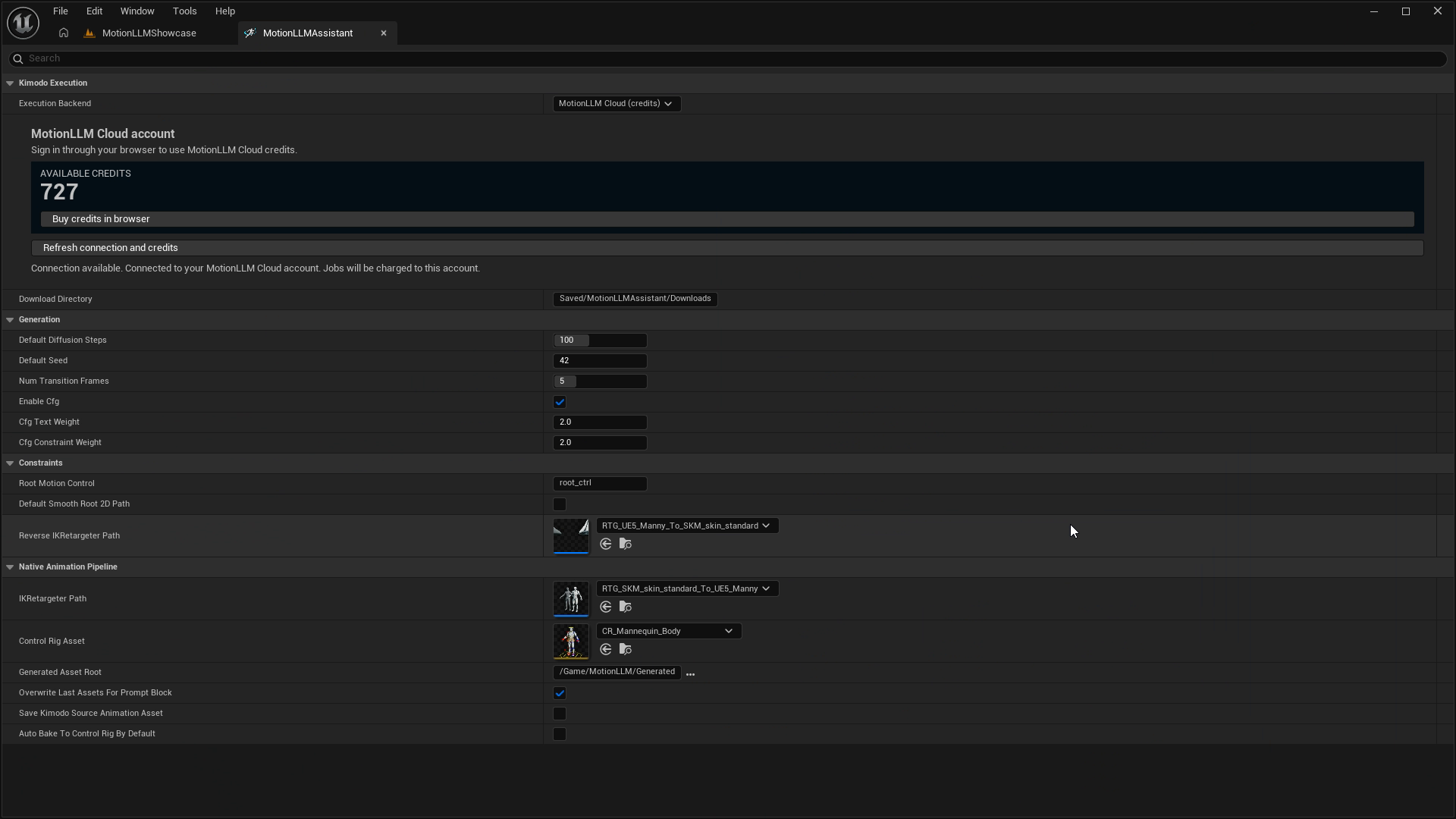 MotionLLMAssistant settings panel with MotionLLM Cloud connected, credit balance and generation and retargeting settings