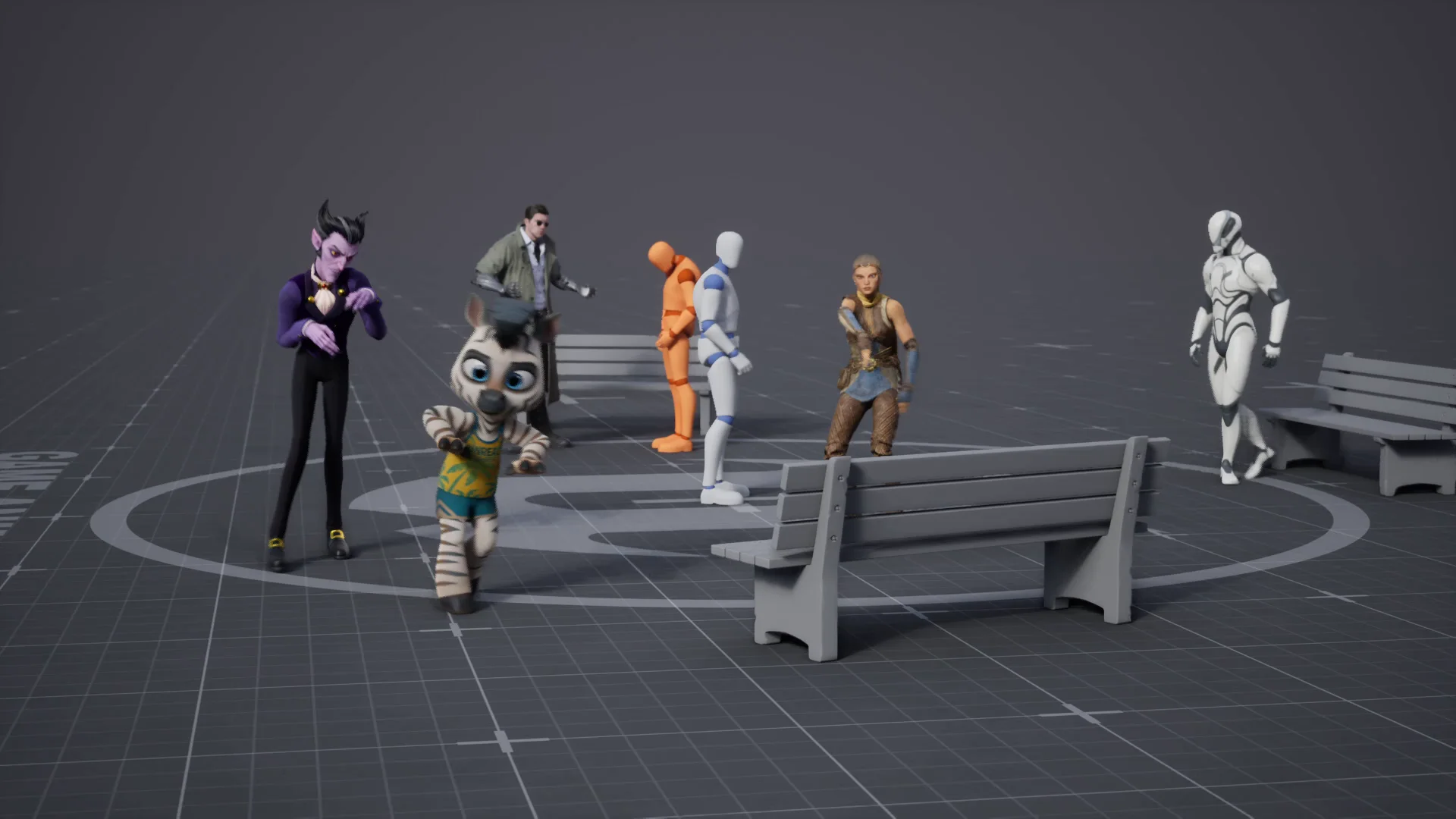 A varied cast of stylized and realistic characters and Unreal mannequins in the motion showcase