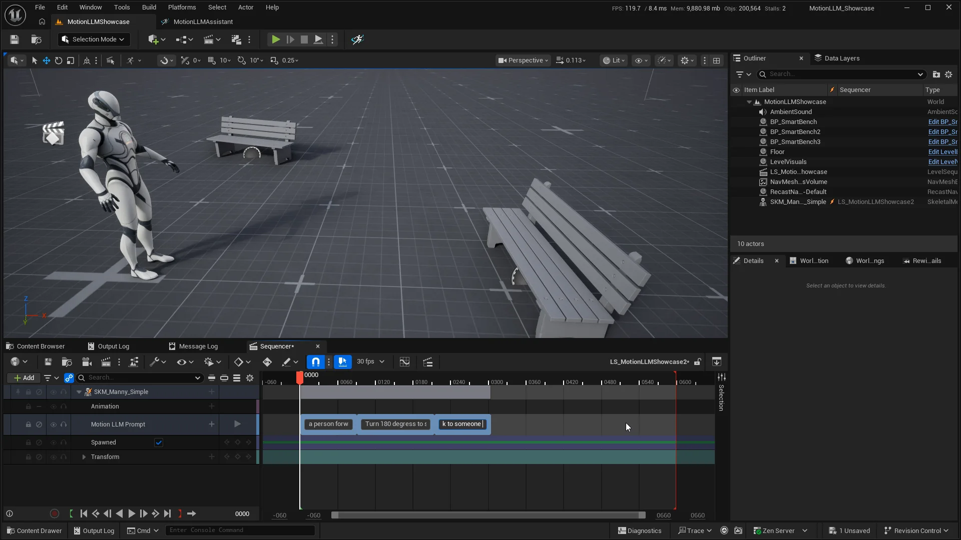 Unreal Engine Sequencer with a MotionLLM prompt track and character preview